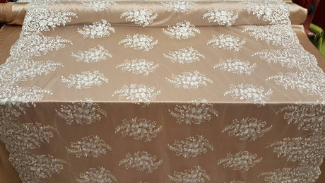 Embroidered Lace Floral Flowers on Mesh Off White