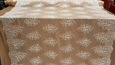 Embroidered Lace Floral Flowers on Mesh Off White