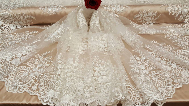 Embroidered Lace Floral Flowers on Mesh Off White