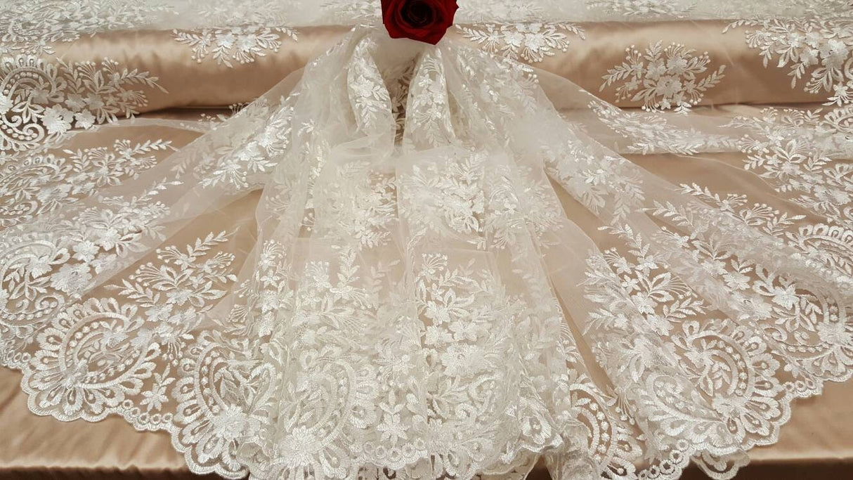 Embroidered Lace Floral Flowers on Mesh Off White