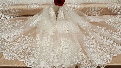 Embroidered Lace Floral Flowers on Mesh Off White