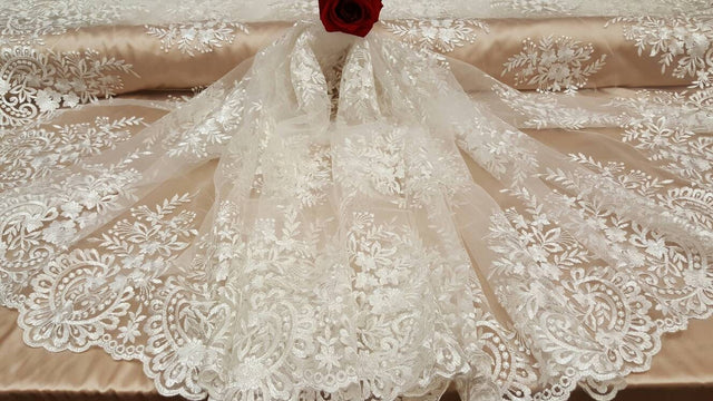 Embroidered Lace Floral Flowers on Mesh Off White