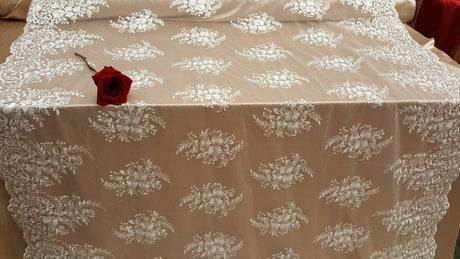 Embroidered Lace Floral Flowers on Mesh Off White