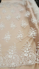 Embroidered Lace Floral Flowers on Mesh Off White