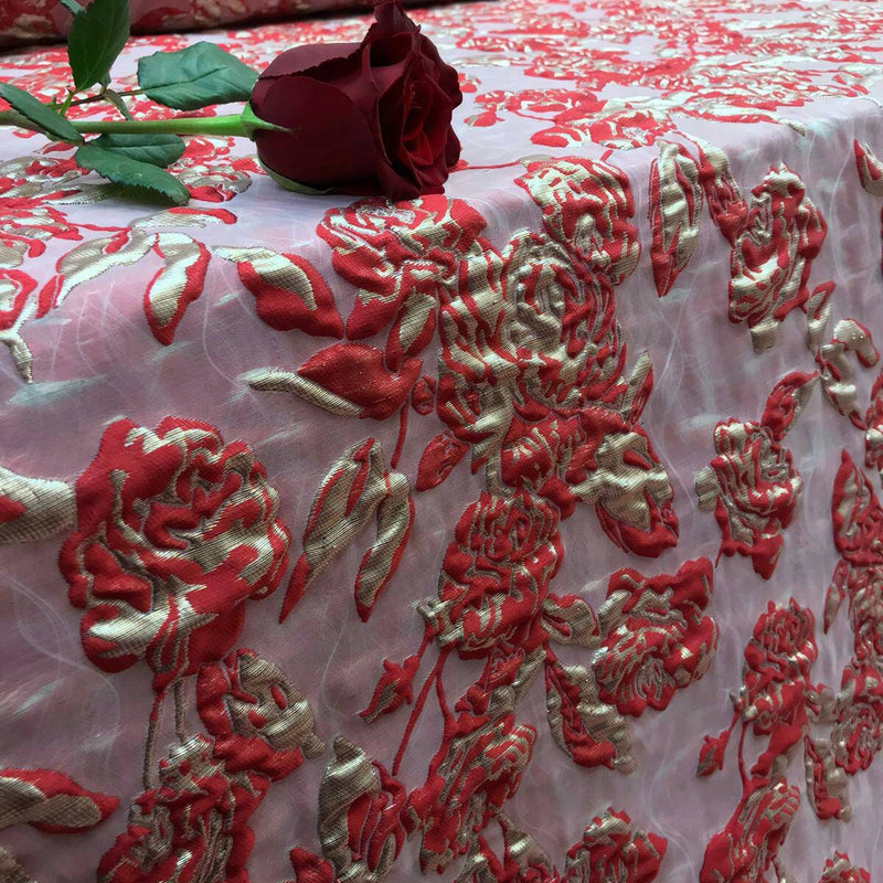 Brocade Jacquard Floral Red and Metallic Gold