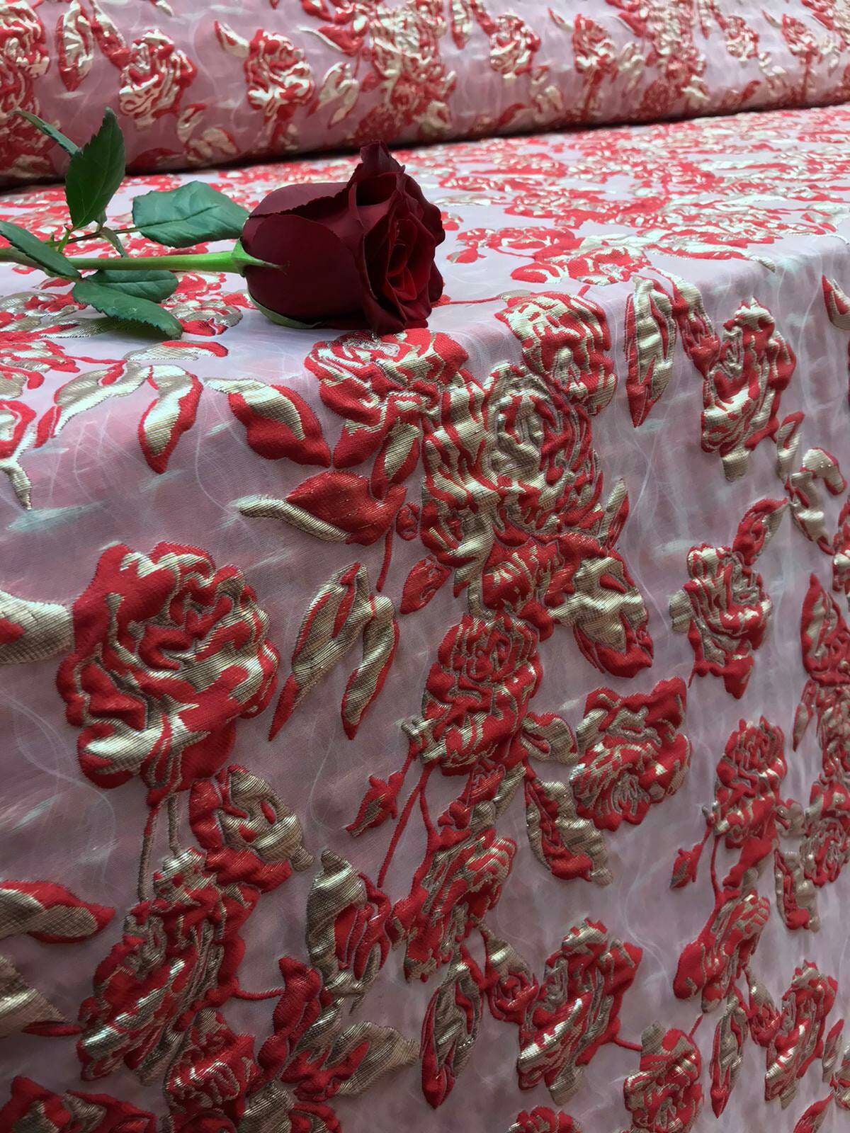 Brocade Jacquard Floral Red and Metallic Gold