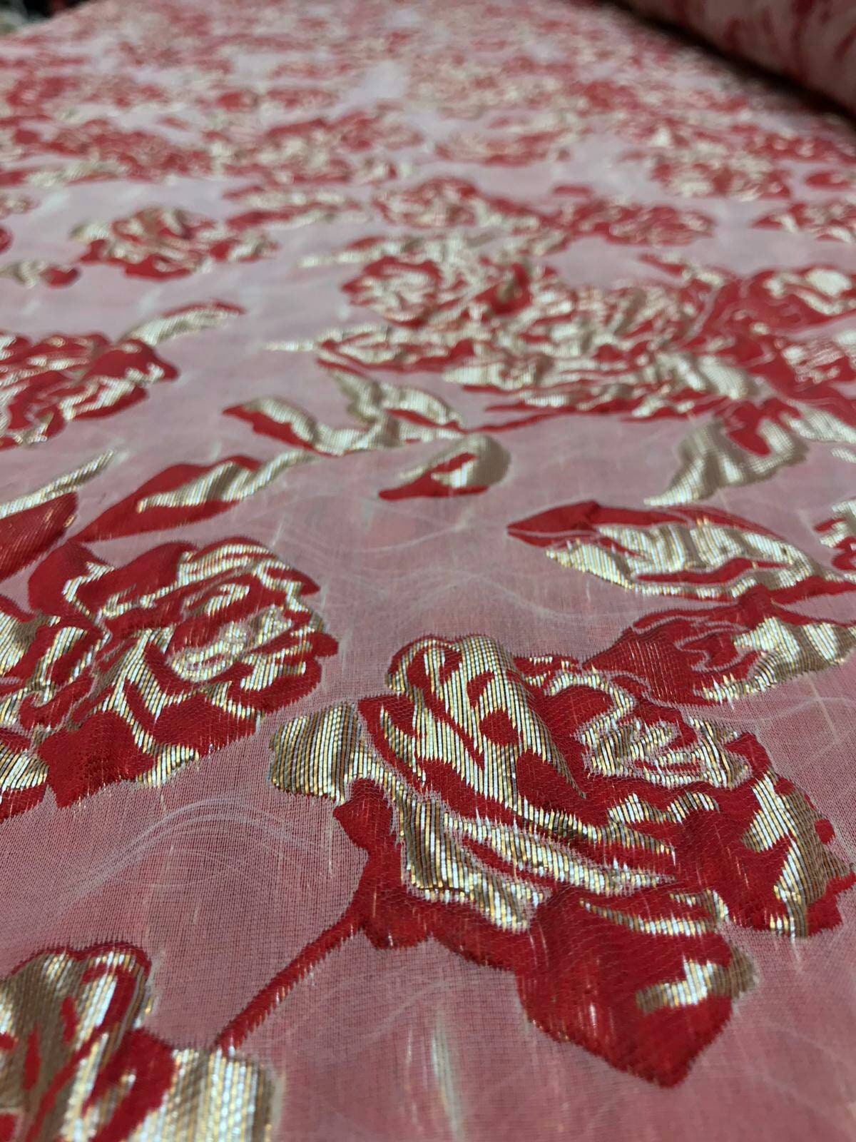 Brocade Jacquard Floral Red and Metallic Gold