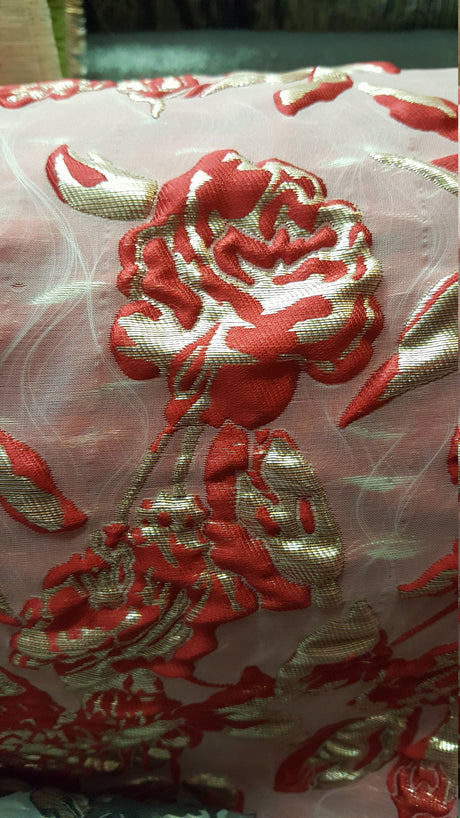 Brocade Jacquard Floral Red and Metallic Gold