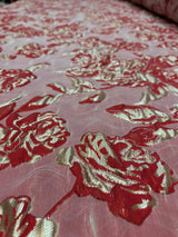 Brocade Jacquard Floral Red and Metallic Gold