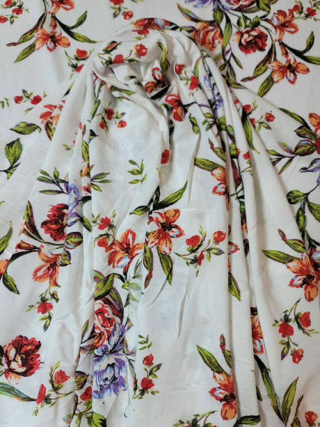 Rayon Challis Floral Print Off White