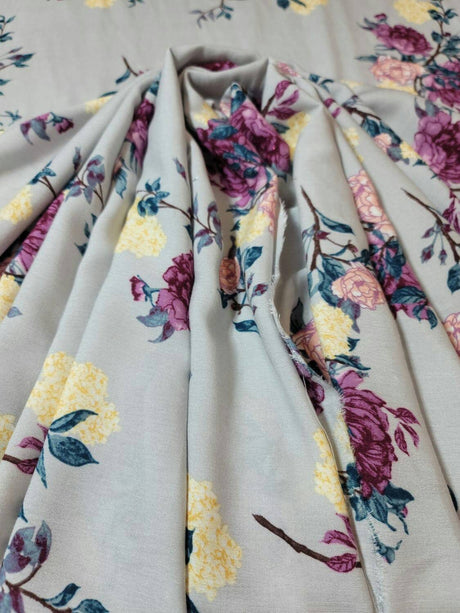 Rayon Challis Floral Fabric Light Gray Pink