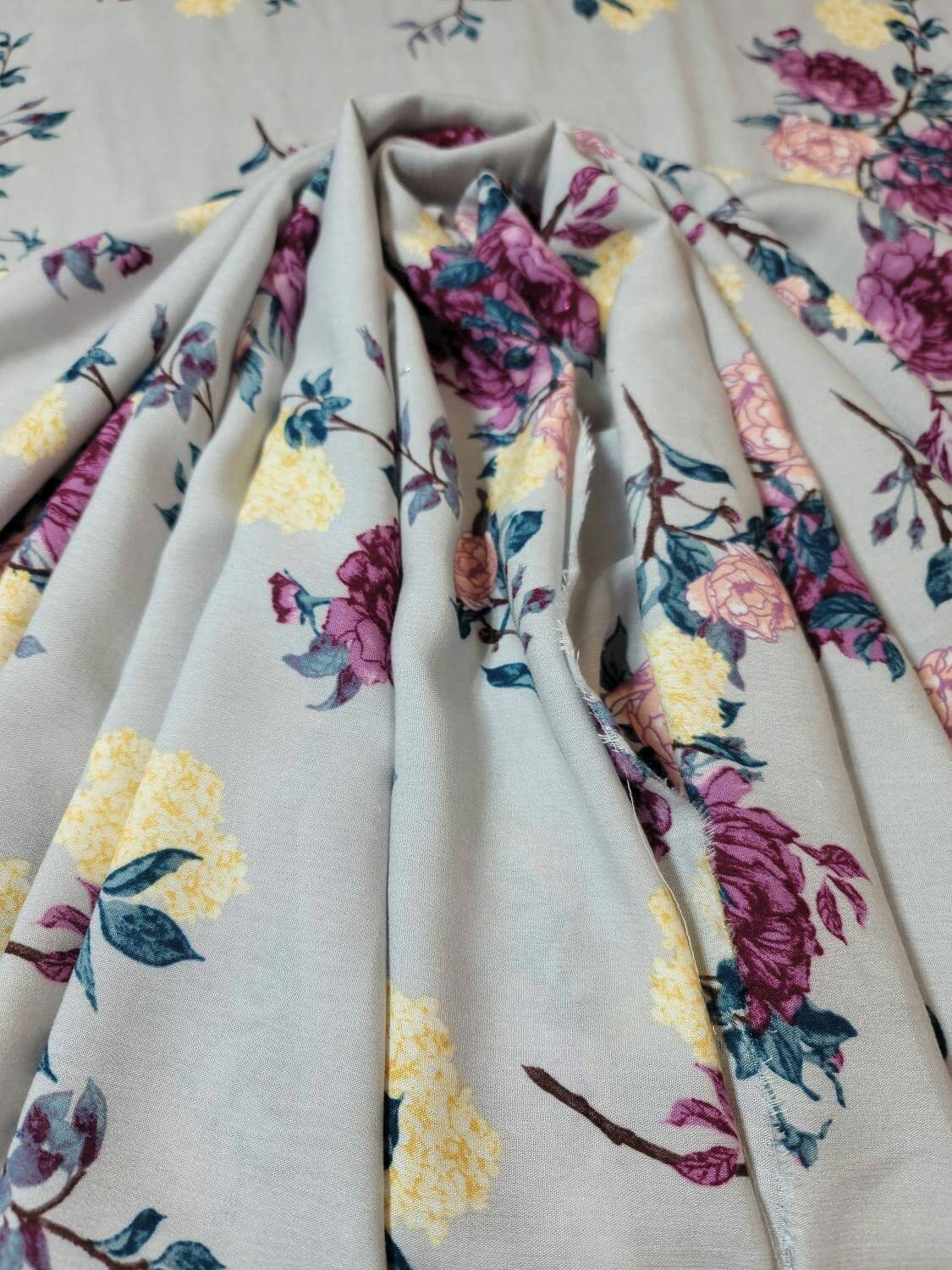 Rayon Challis Floral Fabric Light Gray Pink