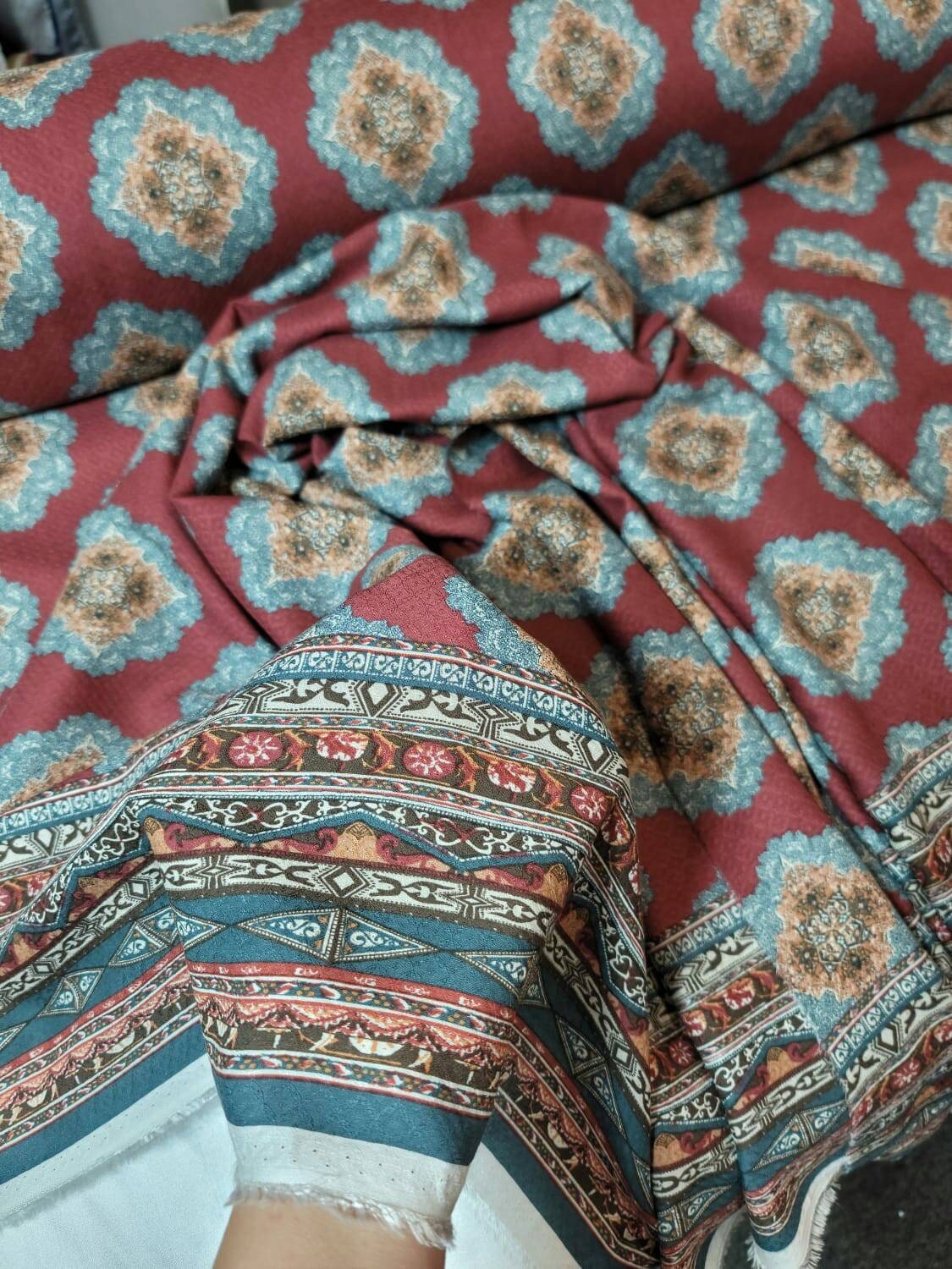Rayon Challis Fabric Blue Ikat Burgundy