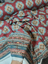 Rayon Challis Fabric Blue Ikat Burgundy