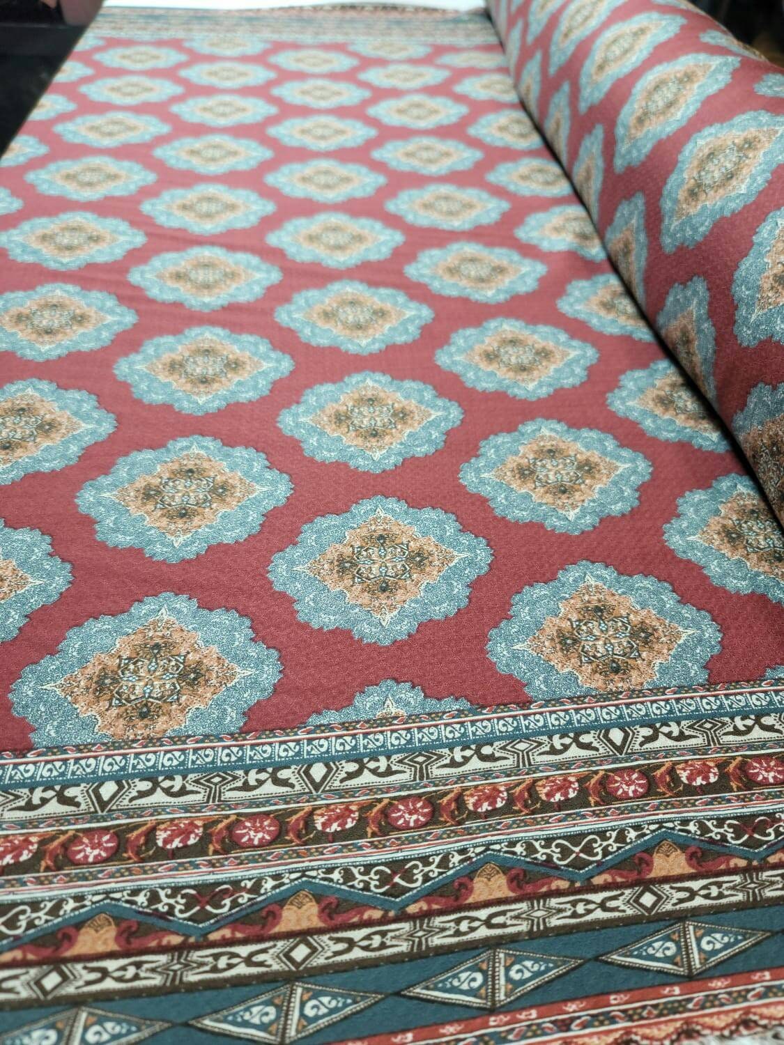 Rayon Challis Fabric Blue Ikat Burgundy