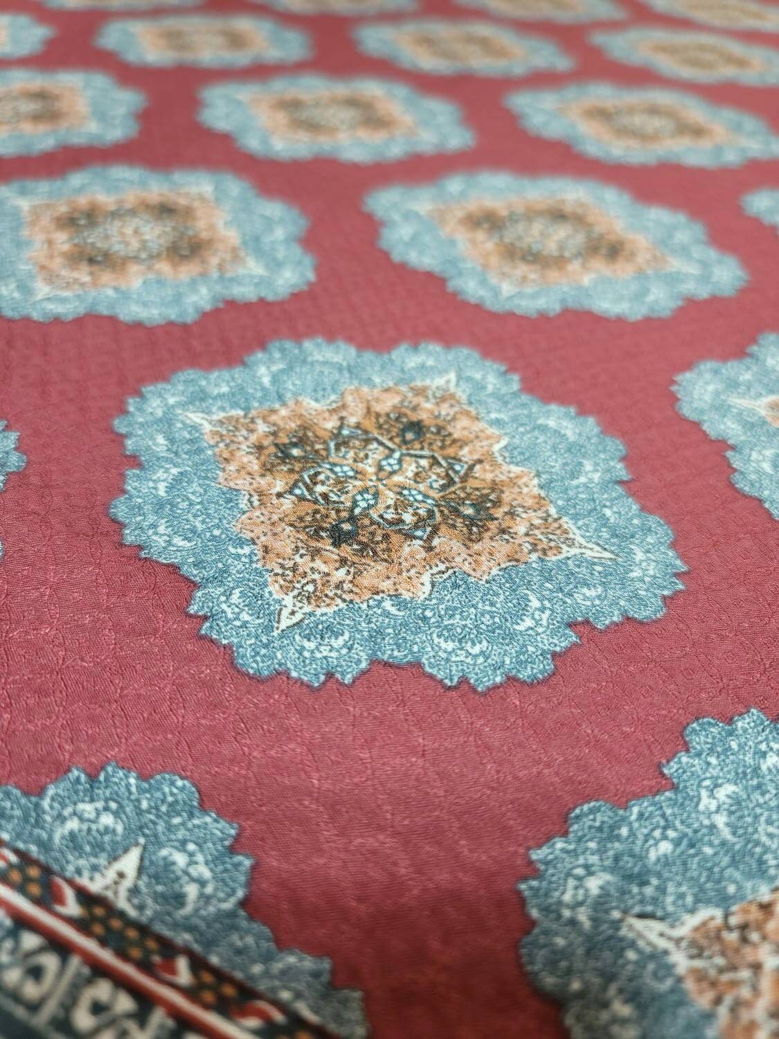 Rayon Challis Fabric Blue Ikat Burgundy