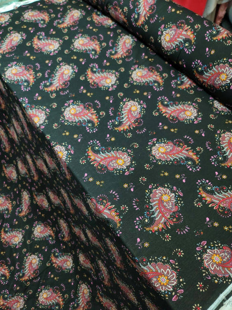 Rayon Challis Black Paisley Floral Print