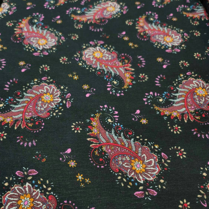 Rayon Challis Black Paisley Floral Print
