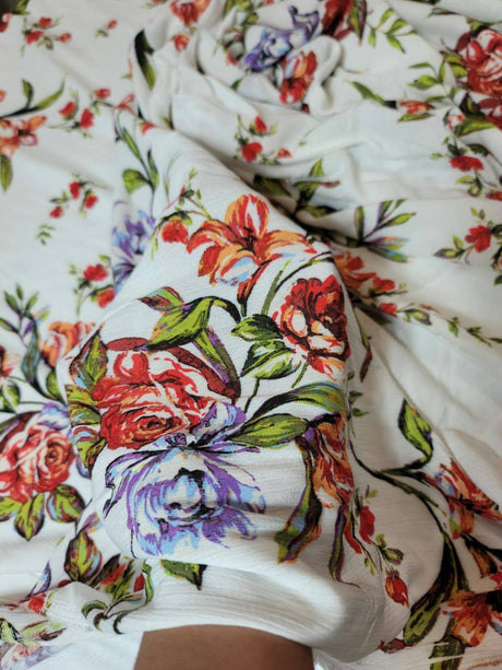 Rayon Challis Floral Print Off White