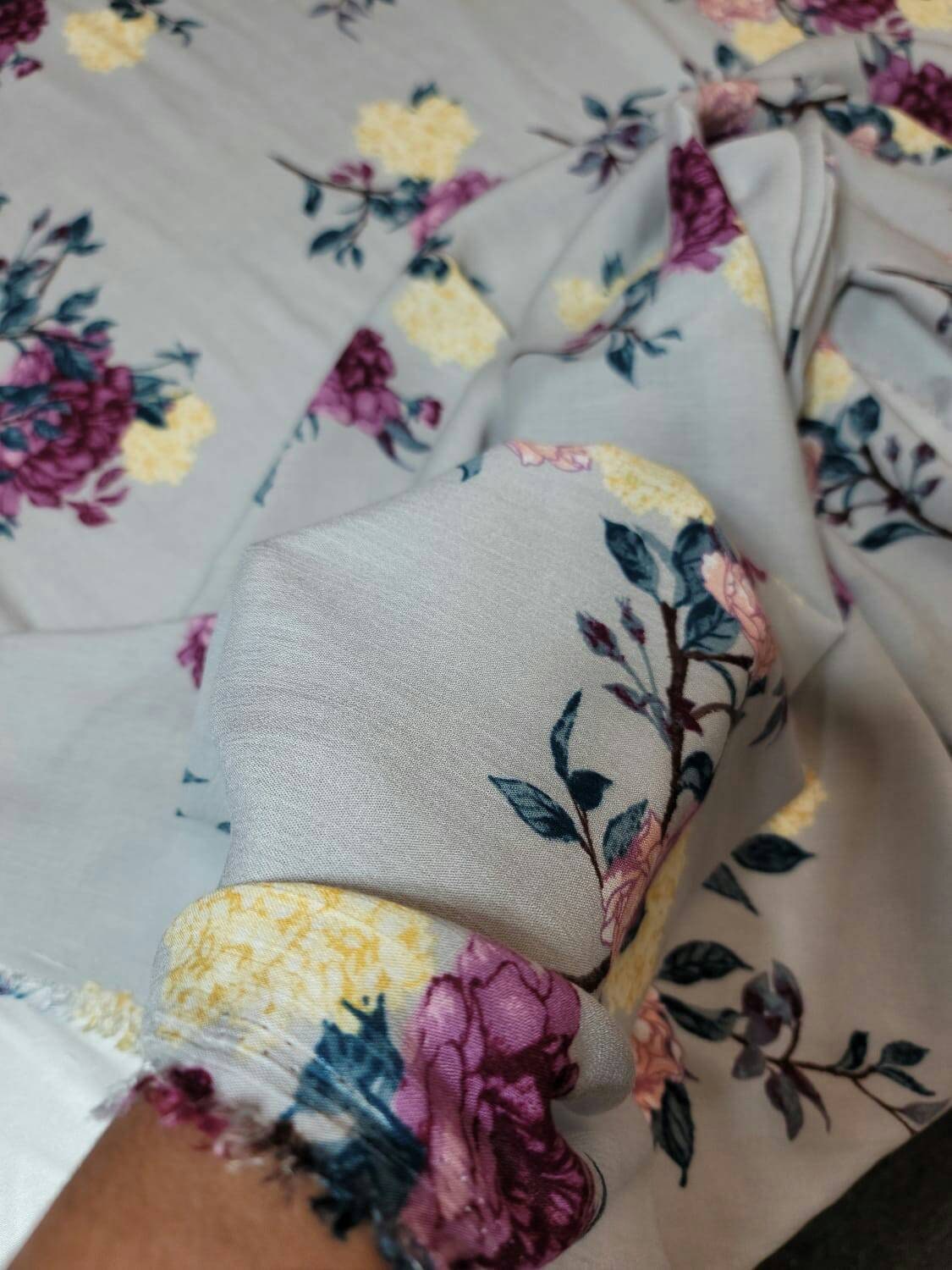 Rayon Challis Floral Fabric Light Gray Pink