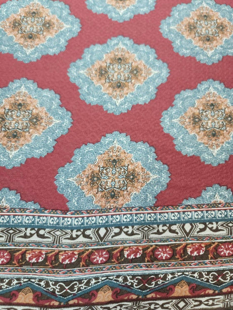 Rayon Challis Fabric Blue Ikat Burgundy