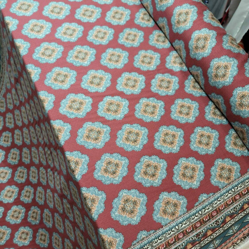 Rayon Challis Fabric Blue Ikat Burgundy
