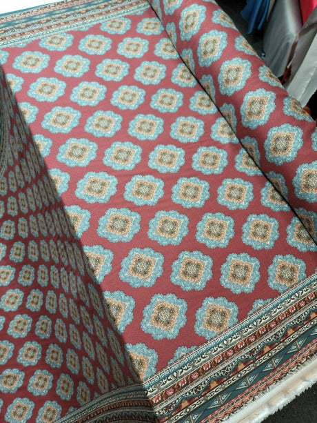 Rayon Challis Fabric Blue Ikat Burgundy