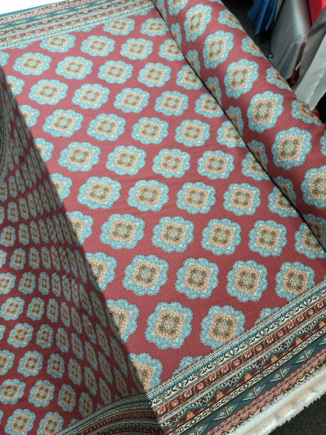 Rayon Challis Fabric Blue Ikat Burgundy