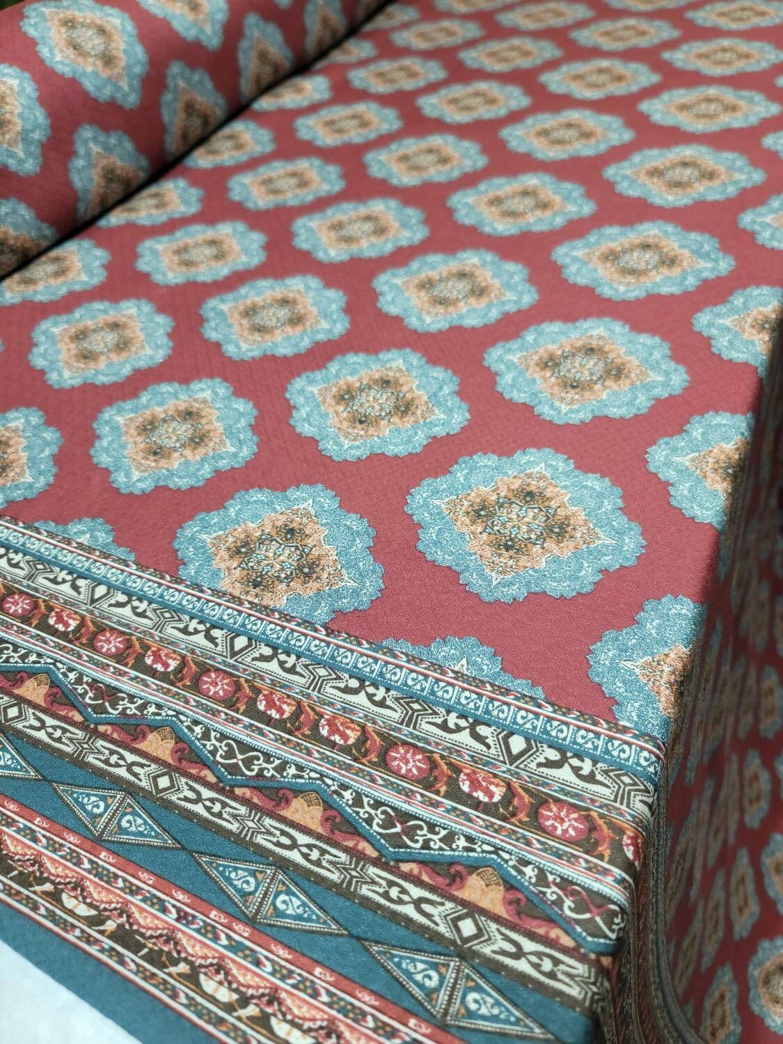Rayon Challis Fabric Blue Ikat Burgundy