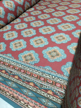 Rayon Challis Fabric Blue Ikat Burgundy