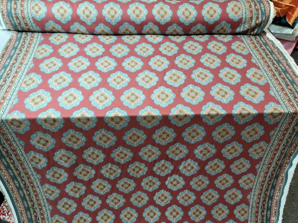 Rayon Challis Fabric Blue Ikat Burgundy