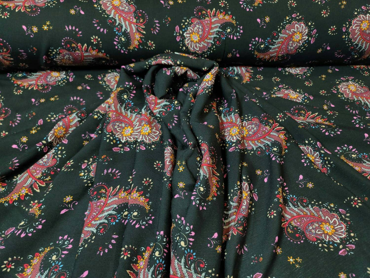 Rayon Challis Black Paisley Floral Print
