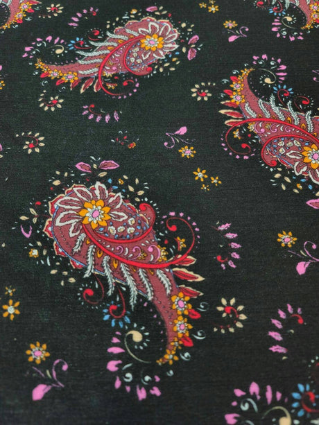 Rayon Challis Black Paisley Floral Print
