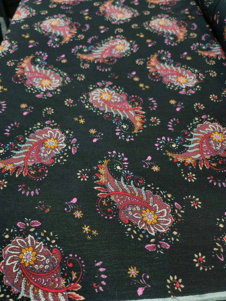 Rayon Challis Black Paisley Floral Print