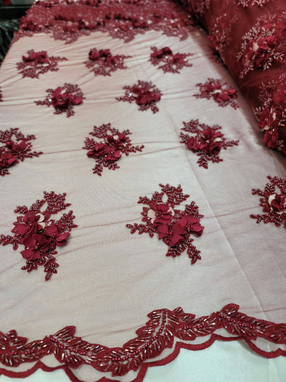 Burgundy Beaded 3D Floral Lace