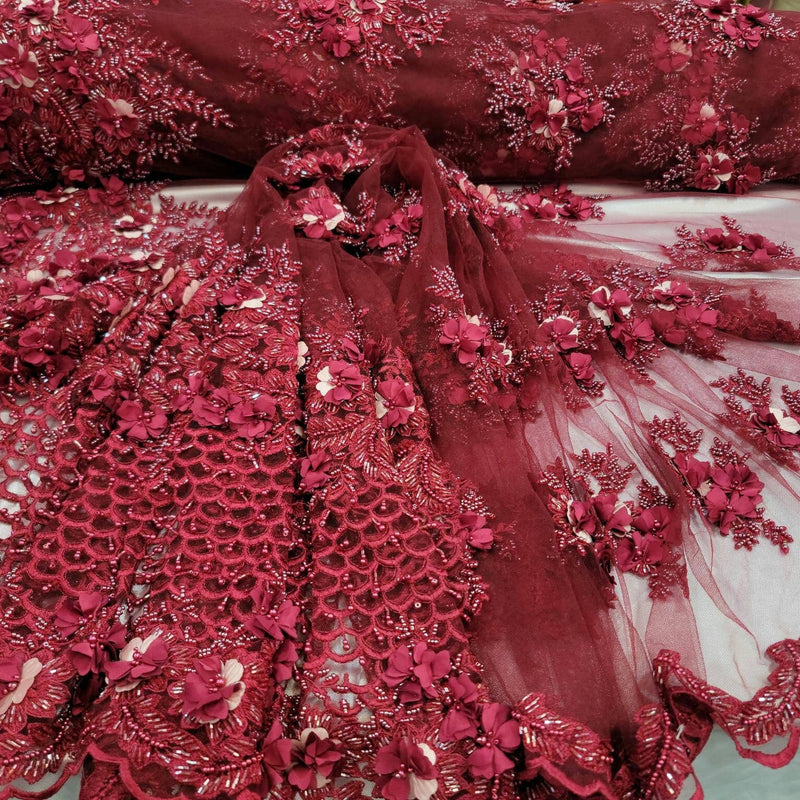 Burgundy Beaded 3D Floral Lace