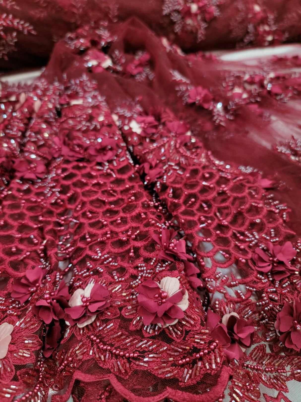Burgundy Beaded 3D Floral Lace