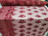 Burgundy Beaded 3D Floral Lace
