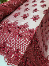 Burgundy Beaded 3D Floral Lace
