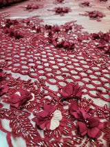 Burgundy Beaded 3D Floral Lace