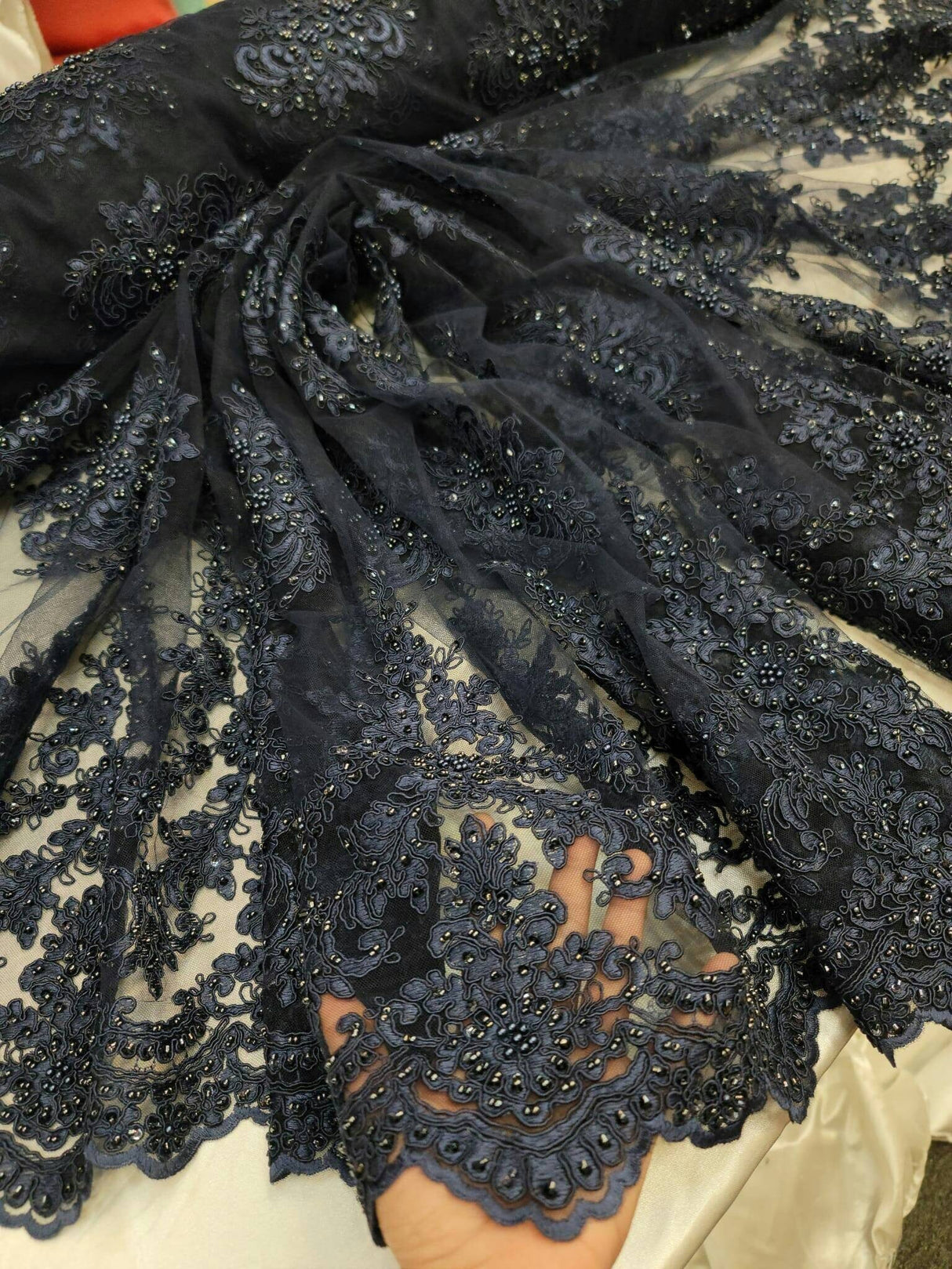 Beaded Lace Embroidery Navy Blue