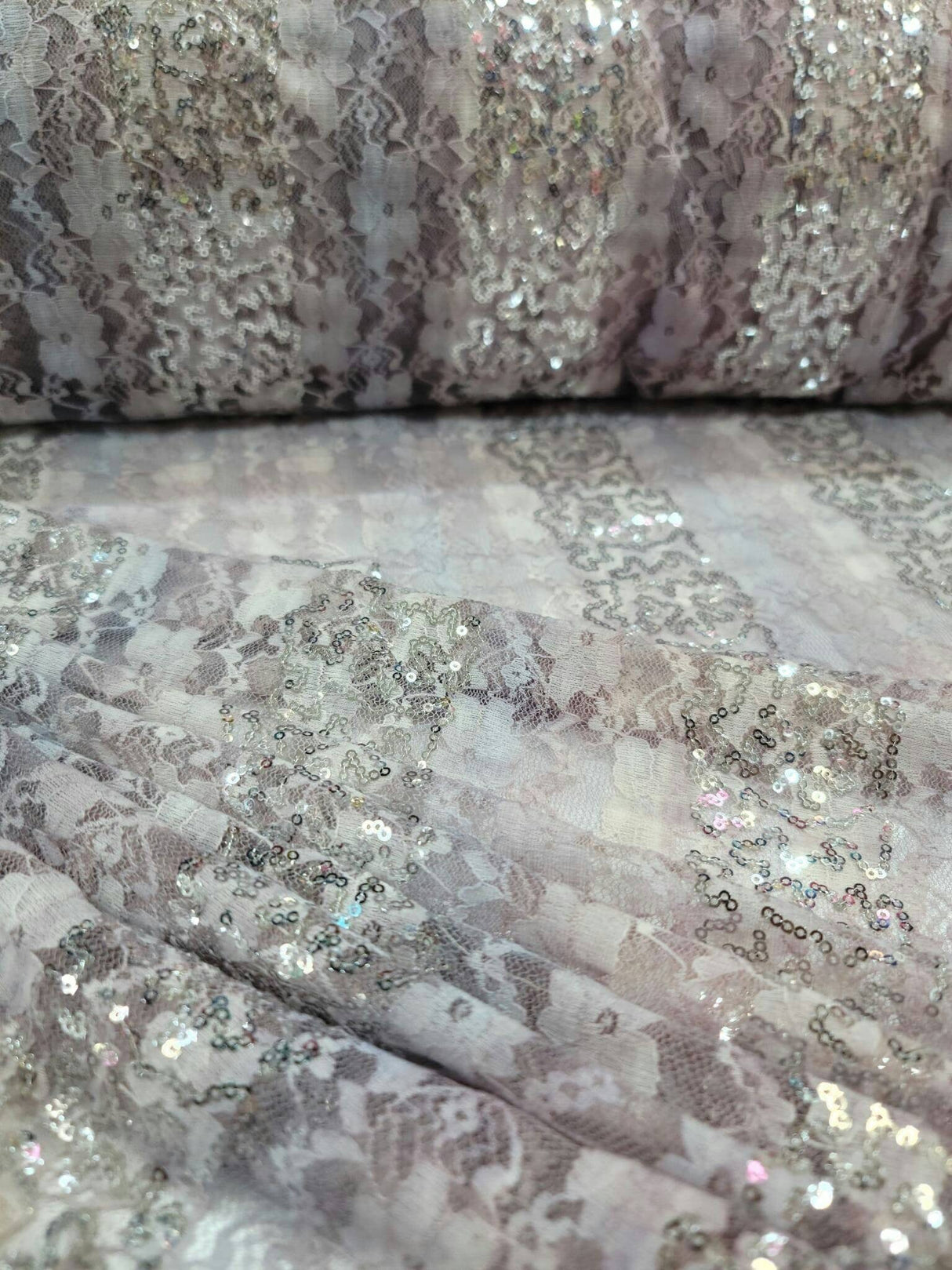 Stretch Lace Floral Flowers Embroidered Silver Sequin Fabric Lavender Pink