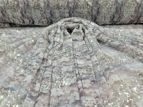 Stretch Lace Floral Flowers Embroidered Silver Sequin Fabric Lavender Pink