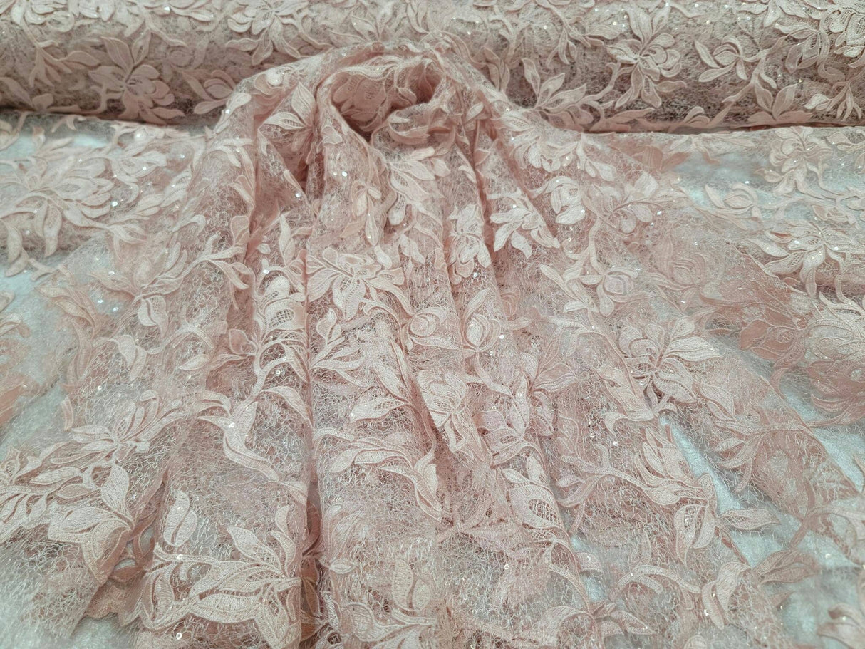 Blush Embroidery Lace Guipure Floral Flowers Clear Sequin Mesh
