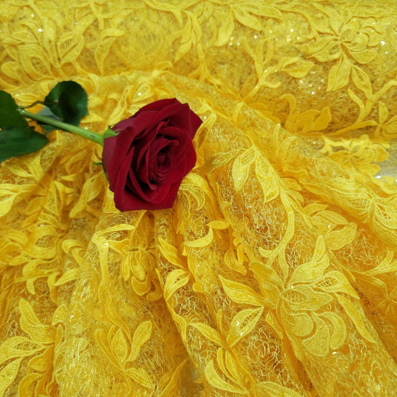 Embroidered Lace Guipure Floral Sequin Mesh Yellow