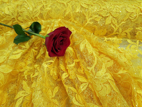 Embroidered Lace Guipure Floral Sequin Mesh Yellow