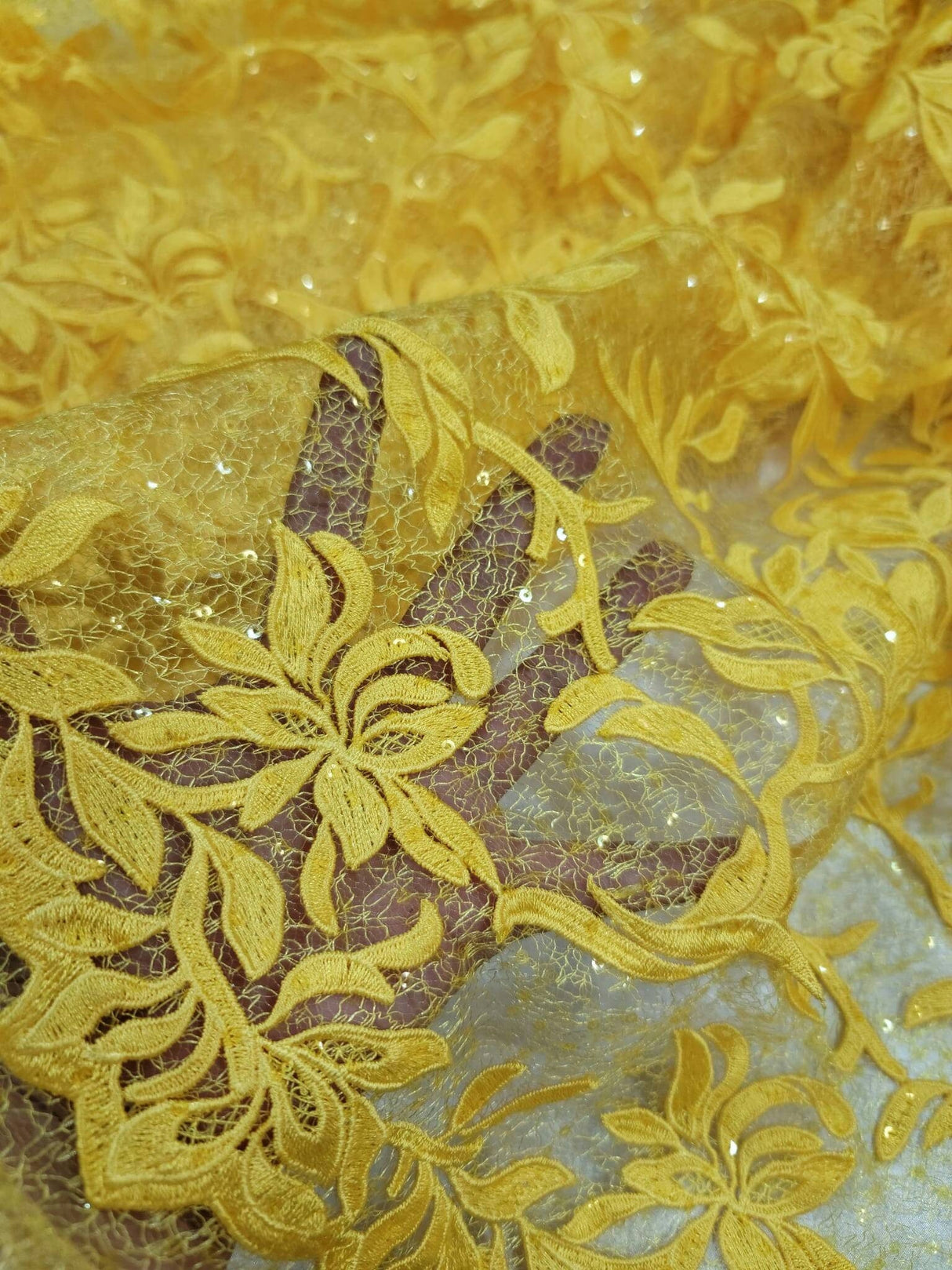 Embroidered Lace Guipure Floral Sequin Mesh Yellow