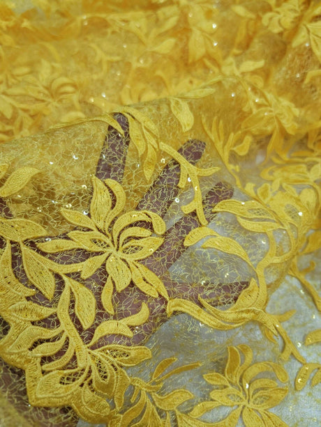 Embroidered Lace Guipure Floral Sequin Mesh Yellow