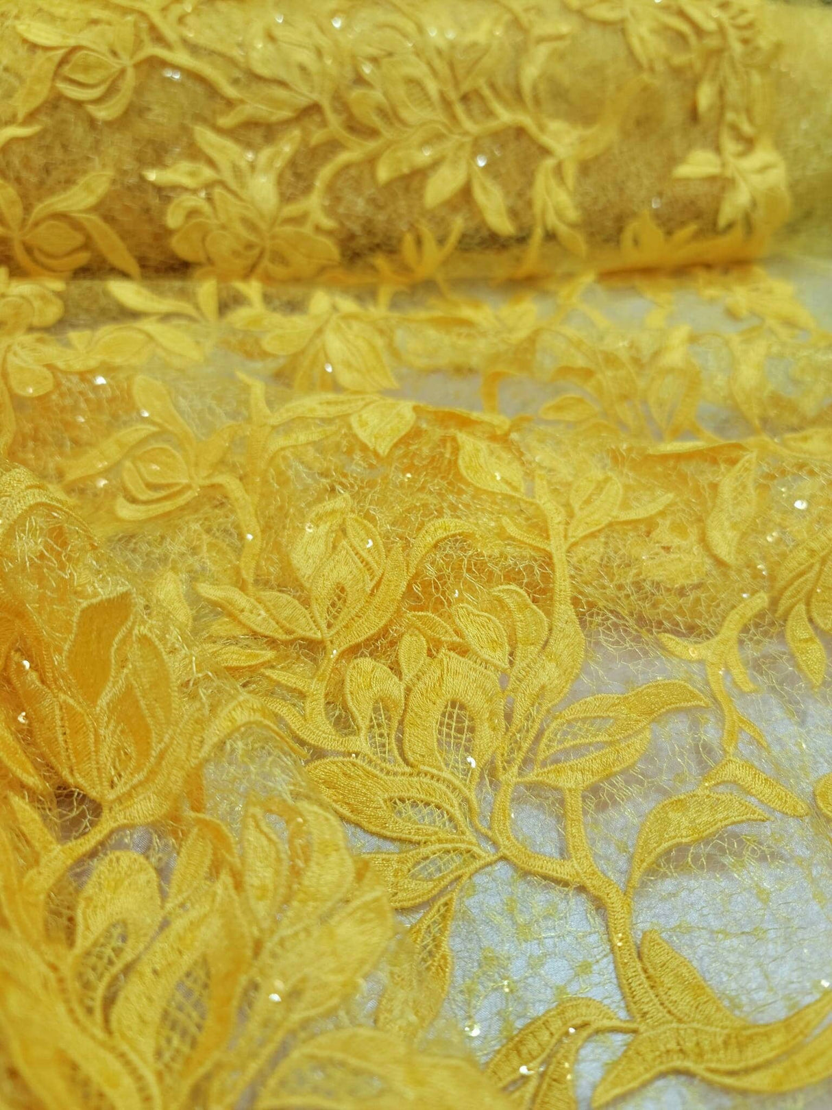 Embroidered Lace Guipure Floral Sequin Mesh Yellow