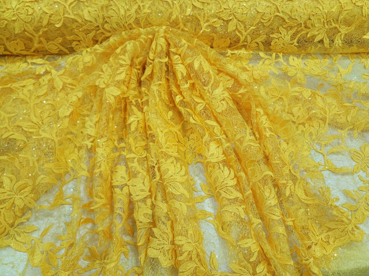Embroidered Lace Guipure Floral Sequin Mesh Yellow